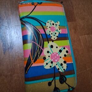 Colorful Striped Floral Zip-Around Wallet - Turquoise Multi